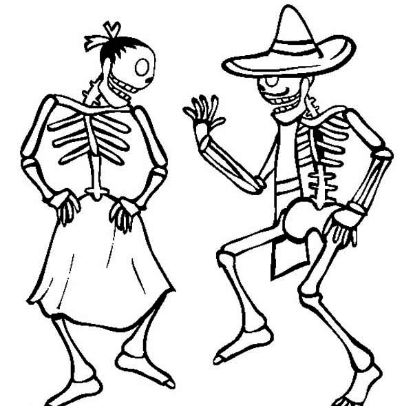 Coloriage d'un squelette dans une danse joyeuse