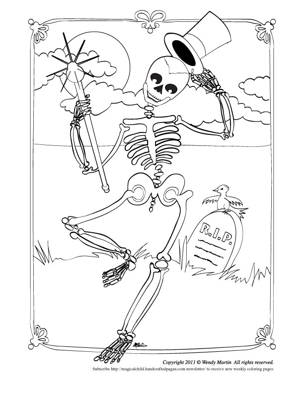 Coloriage d'un squelette dans une ambiance automnale