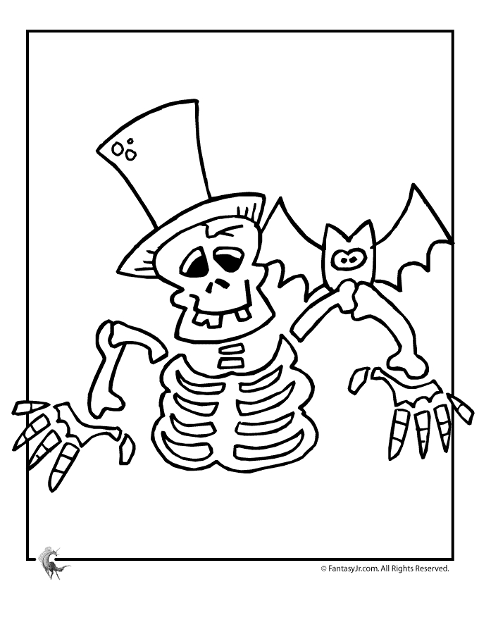 Coloriage d'un squelette dans une pose dynamique au milieu de motifs festifs