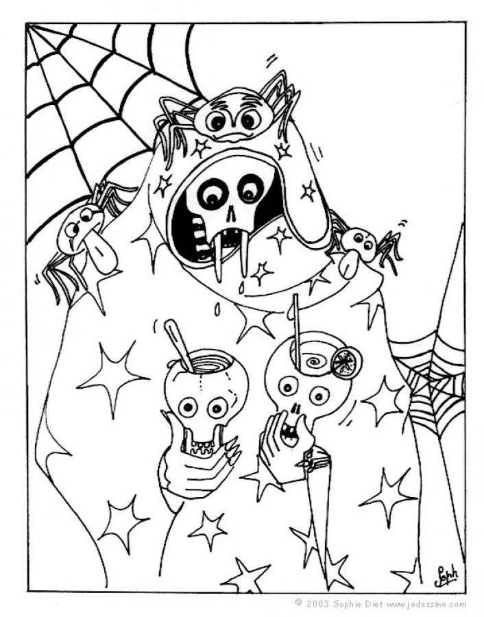 Coloriage d'un squelette entouré d'éléments festifs