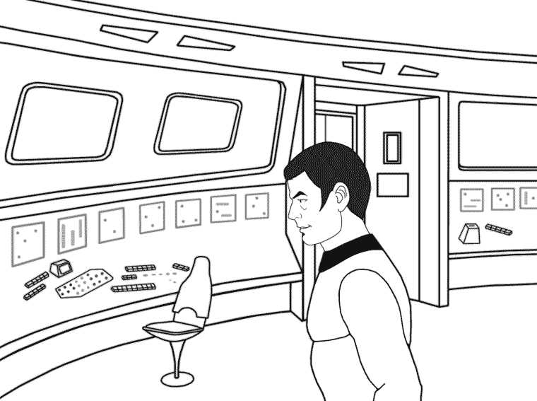 Scène emblématique de Star Trek avec vaisseau et personnages principaux