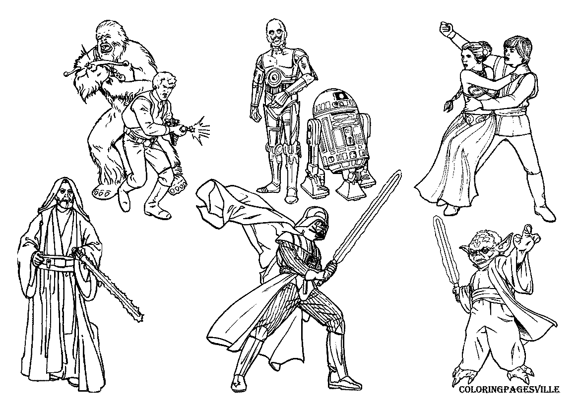 Coloriage de personnages emblématiques de Star Wars en pleine action