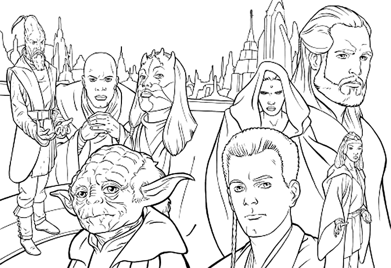 Coloriage de personnages de Star Wars en pleine action dans l’espace