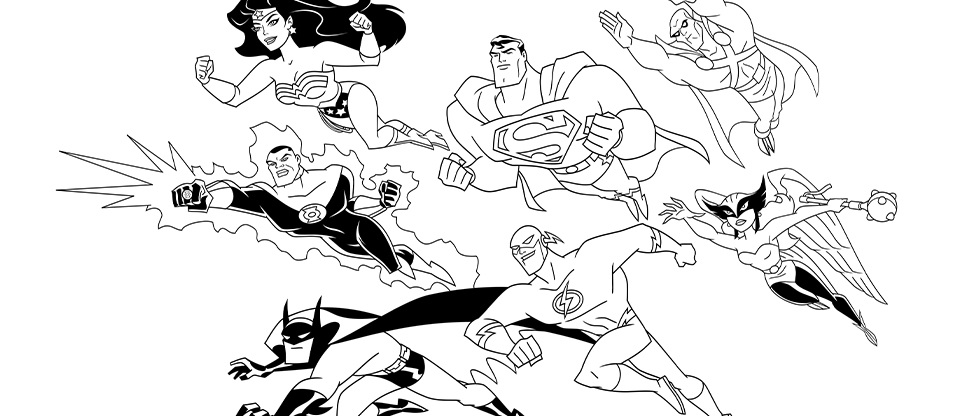 Super-héros de DC Comics en pleine action sur fond dynamique