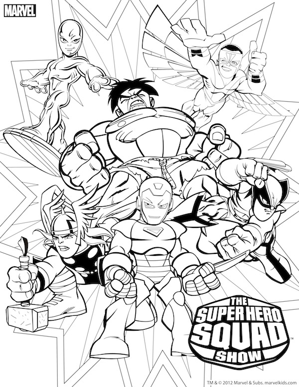 Coloriage de super-héros Marvel en pleine action dans un décor urbain