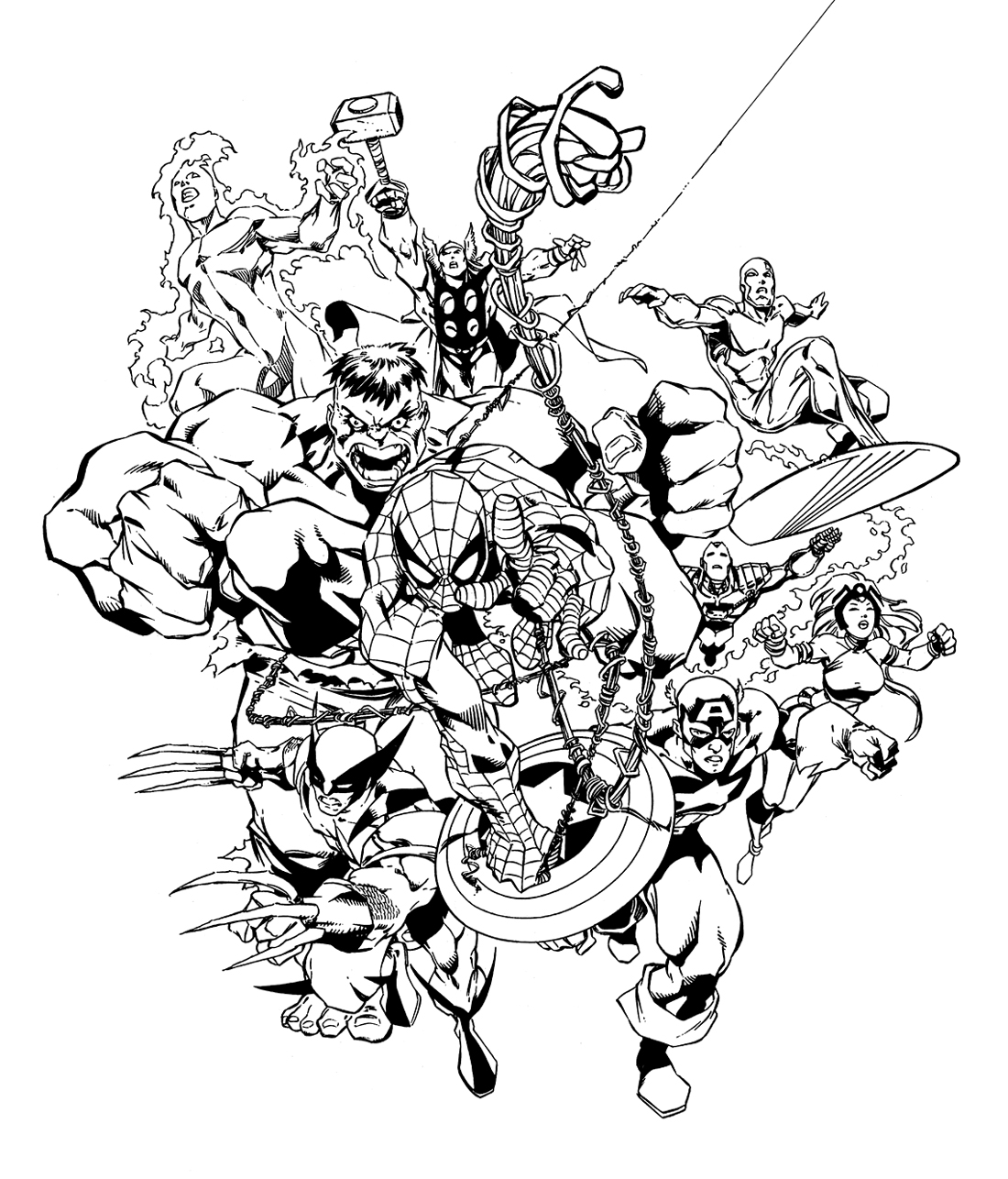 Super-héros Marvel en pleine action sur fond dynamique