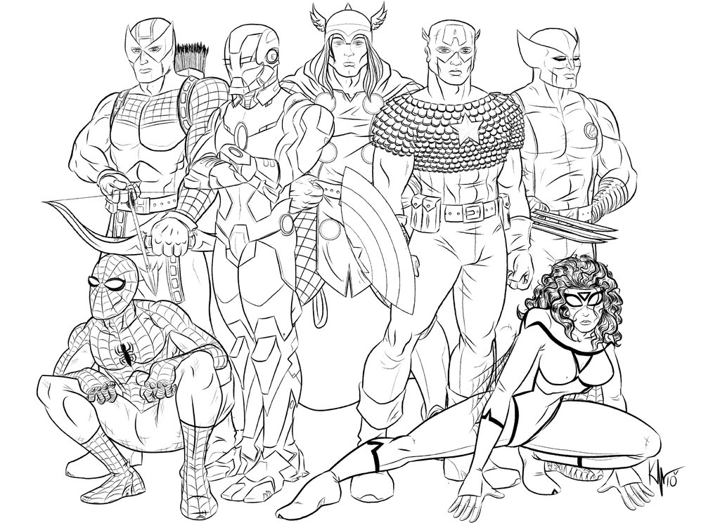 Coloriage de super-héros Marvel en pleine action dans un décor urbain