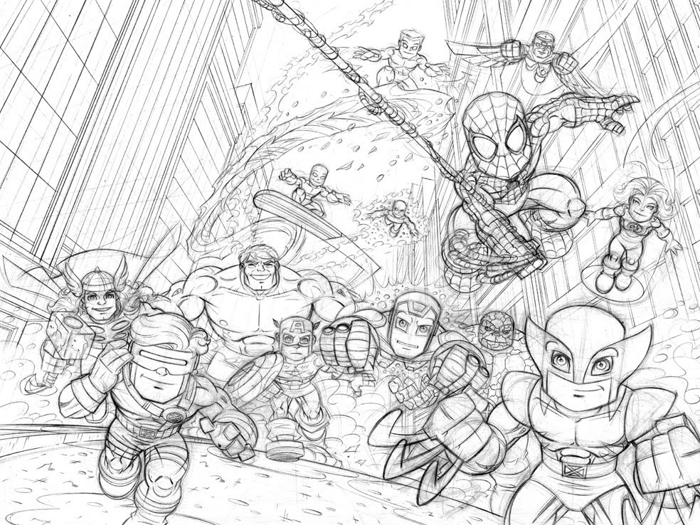 Super-héros Marvel en pleine action dans un décor urbain