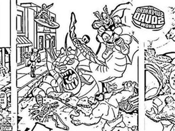 Coloriage de super-héros Marvel en action dans un décor dynamique