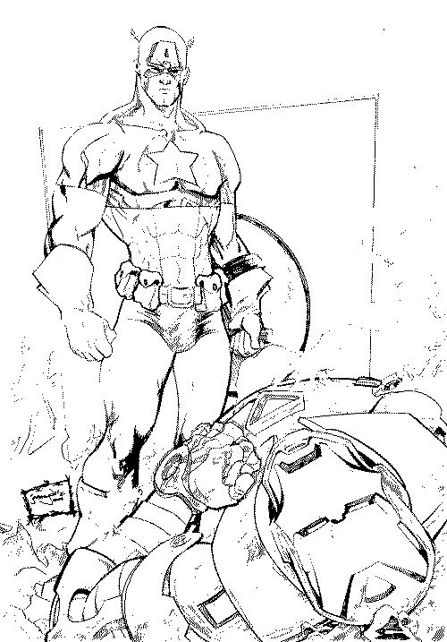 Coloriage de super-héros Marvel en action dans un décor héroïque
