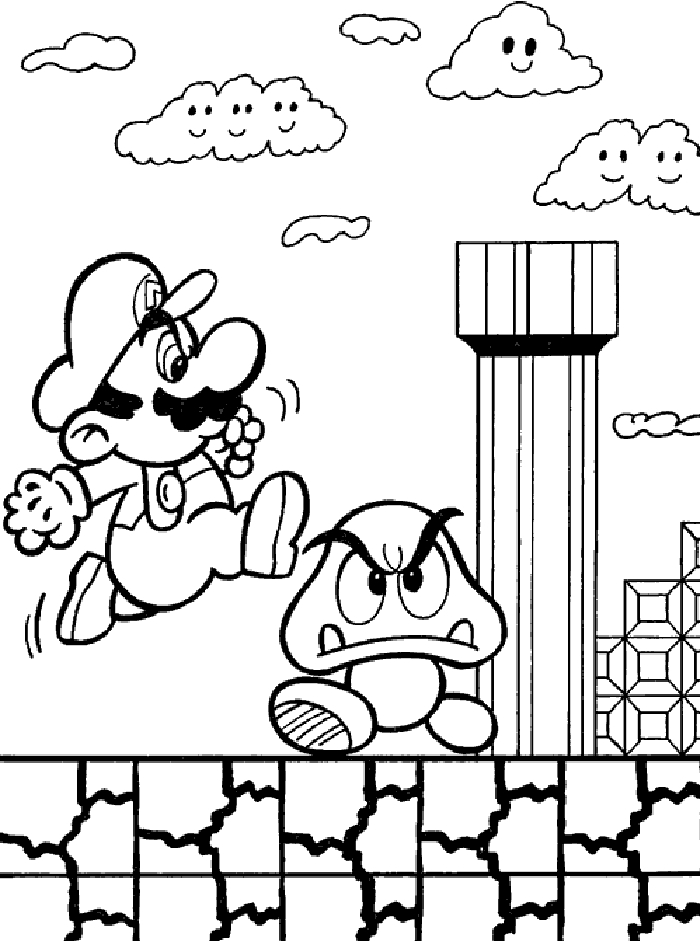 Coloriage de Mario sautant avec un décor de champignon