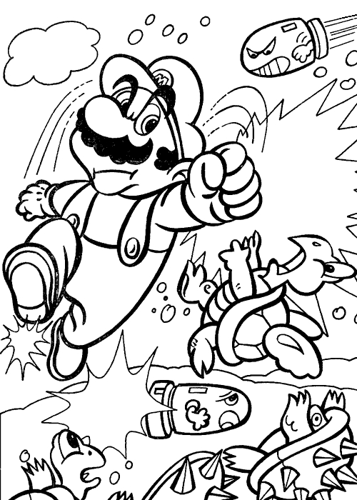 Coloriage de Mario sautant sur un bloc de briques dans un décor de jeu vidéo