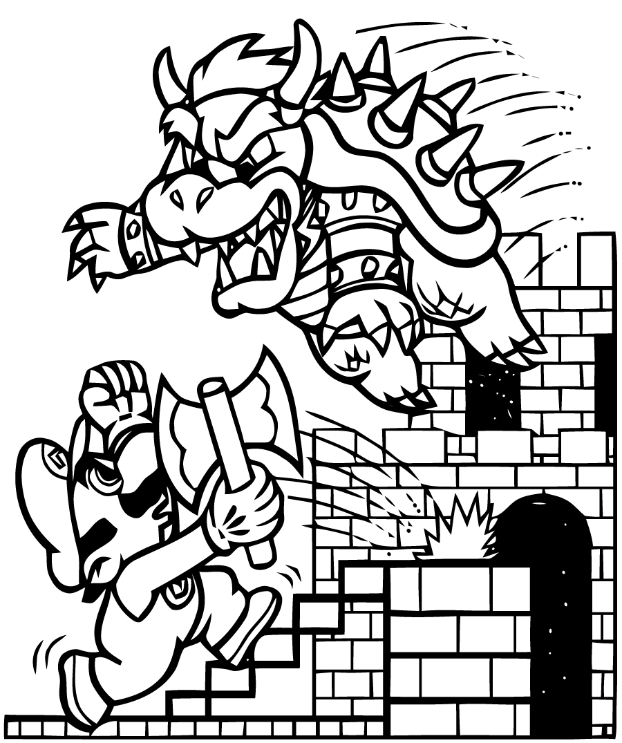 Coloriage de Mario sautant avec un fond de blocs et d'éléments de jeu