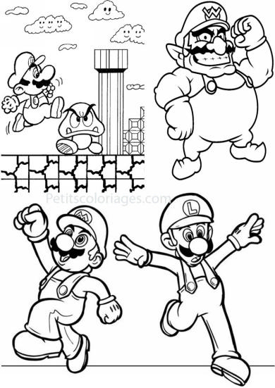 Coloriage de Mario sautant avec son ami Yoshi dans un paysage de plateforme