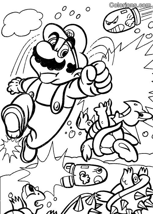 Super Mario sautant sur un ennemi dans un décor de jeu vidéo