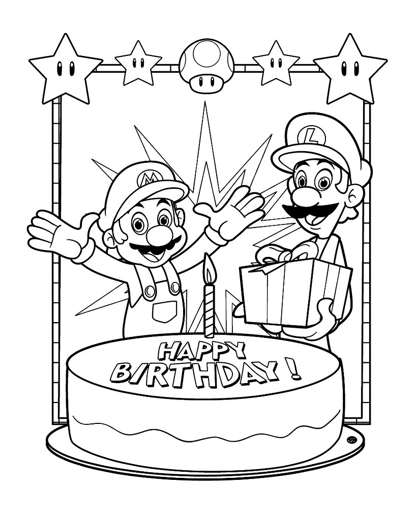 Coloriage de Super Mario sautant avec un décor de champignon