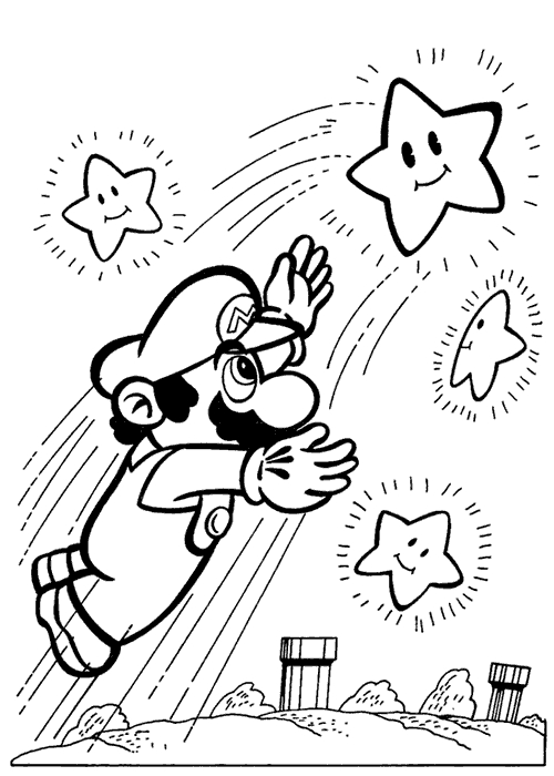Coloriage de Super Mario Bros dans un décor de jeu vidéo