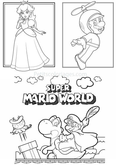 Coloriage de Mario sautant avec un champignon et des nuages en arrière-plan