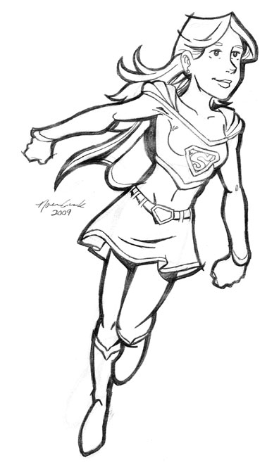 Supergirl en vol avec son emblématique costume