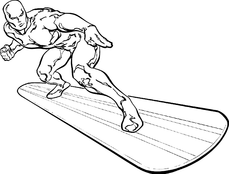 Coloriage d'un surfeur d'argent en action sur sa planche