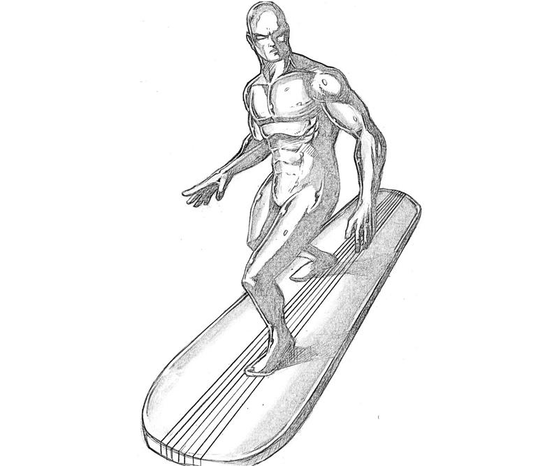 Un surfeur d'argent défiant les vagues sur sa planche