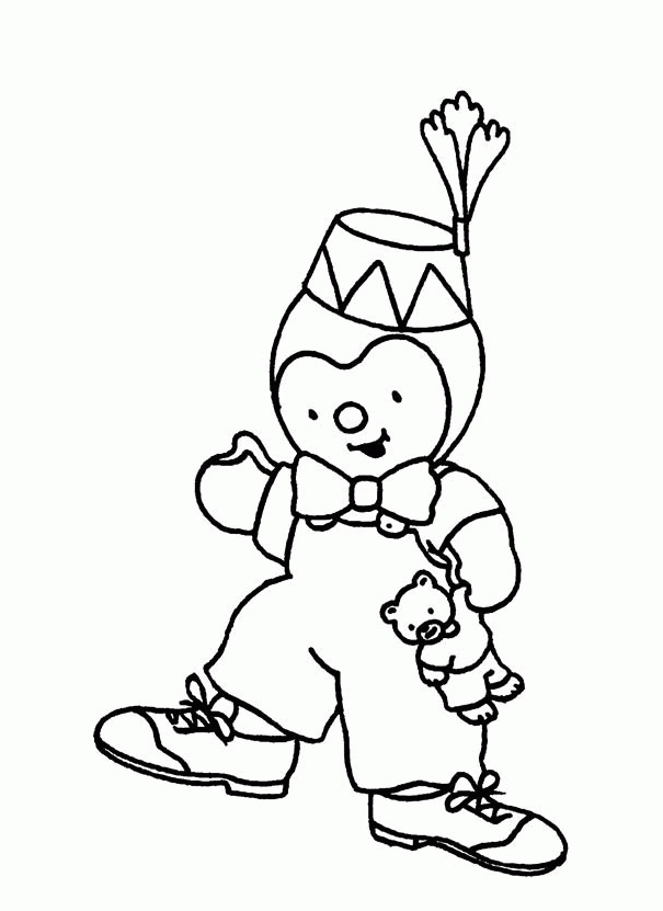 Coloriage de T'choupi et Doudou jouant ensemble dans un décor joyeux