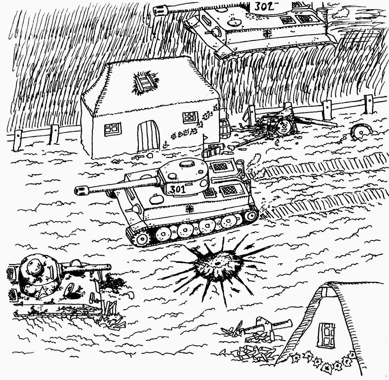 Coloriage d'un tank militaire sur fond de paysage désertique