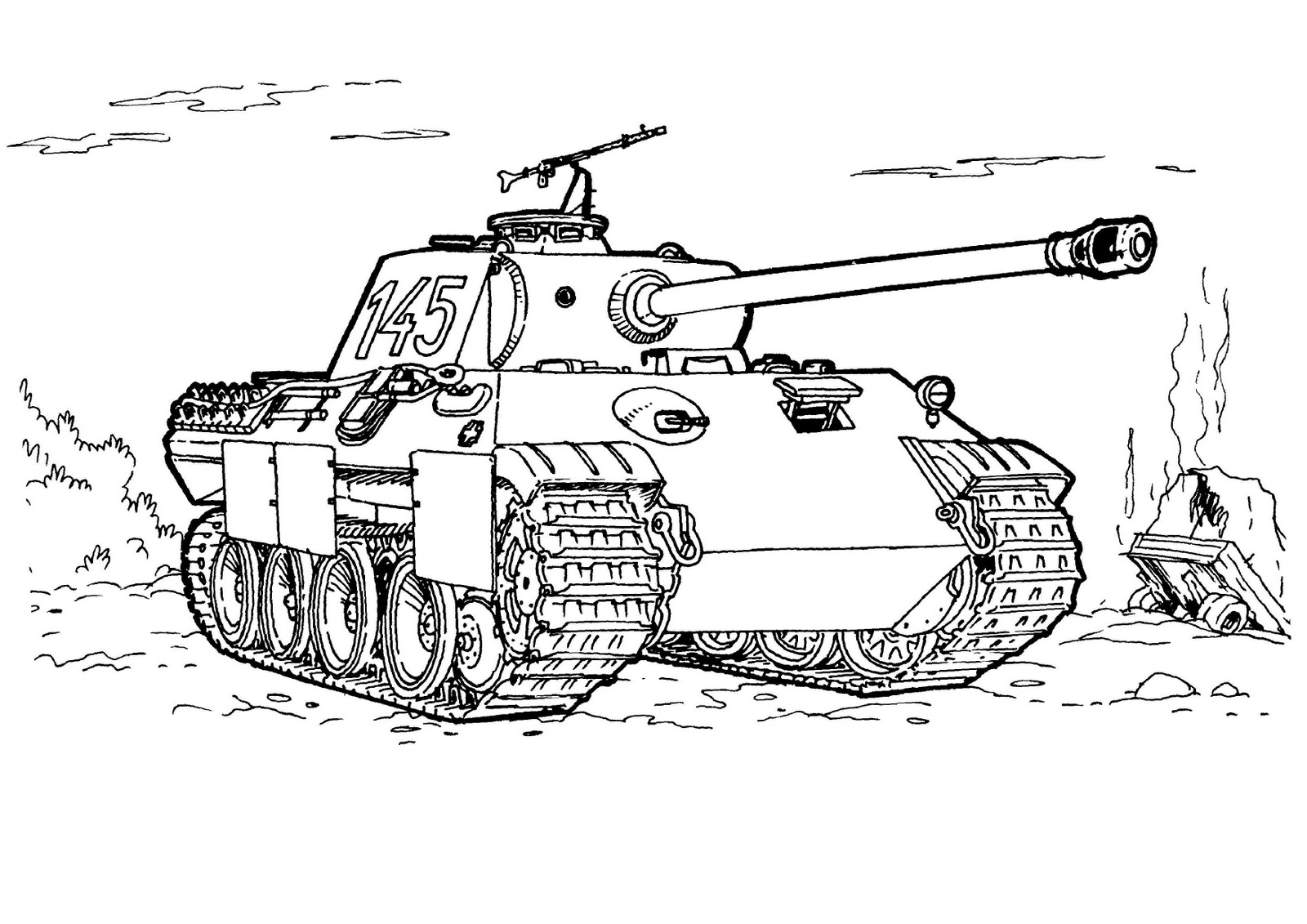 Coloriage d'un tank militaire sur un terrain enherbé
