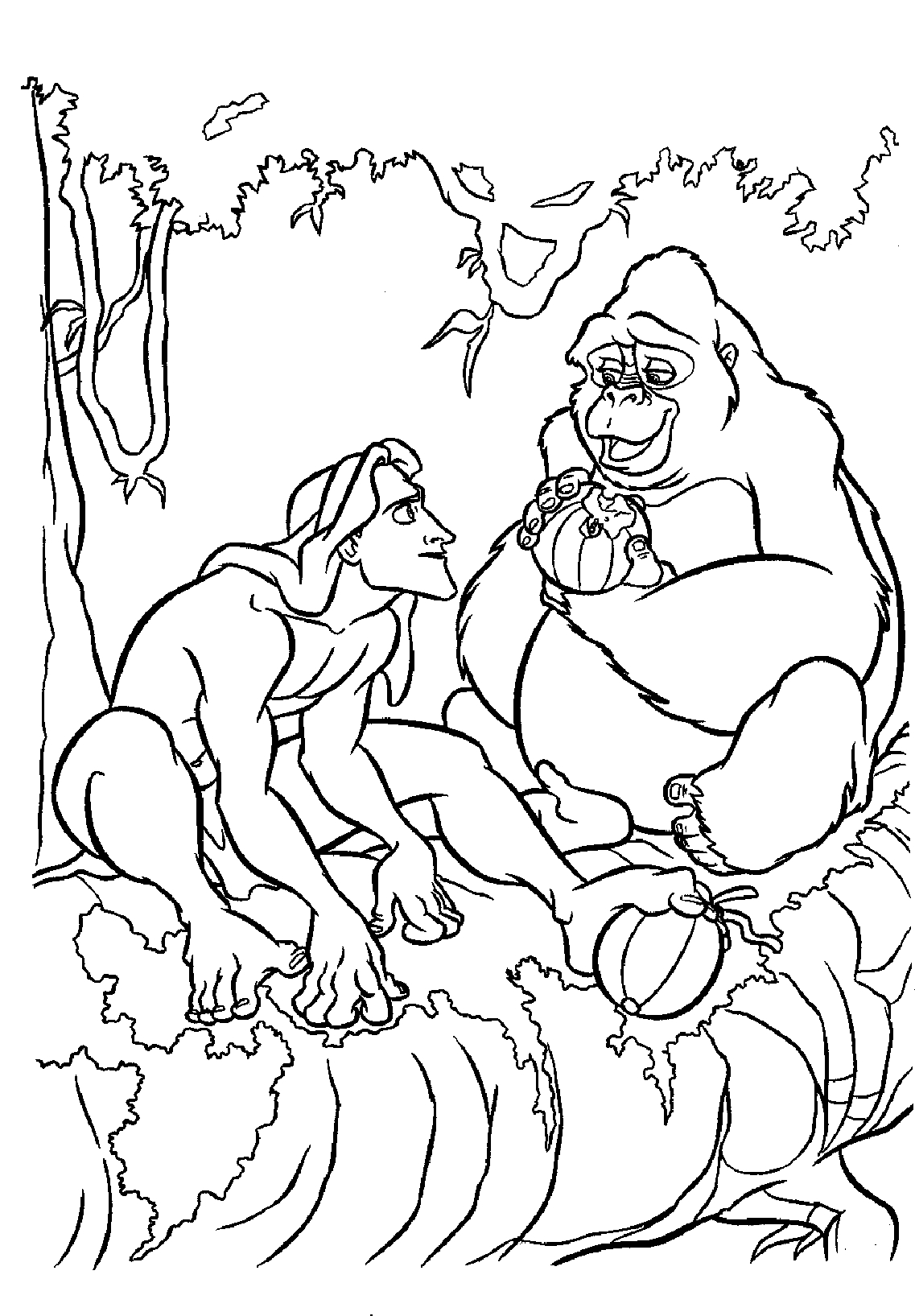 Tarzan et Jane dans la jungle, entourés de la faune