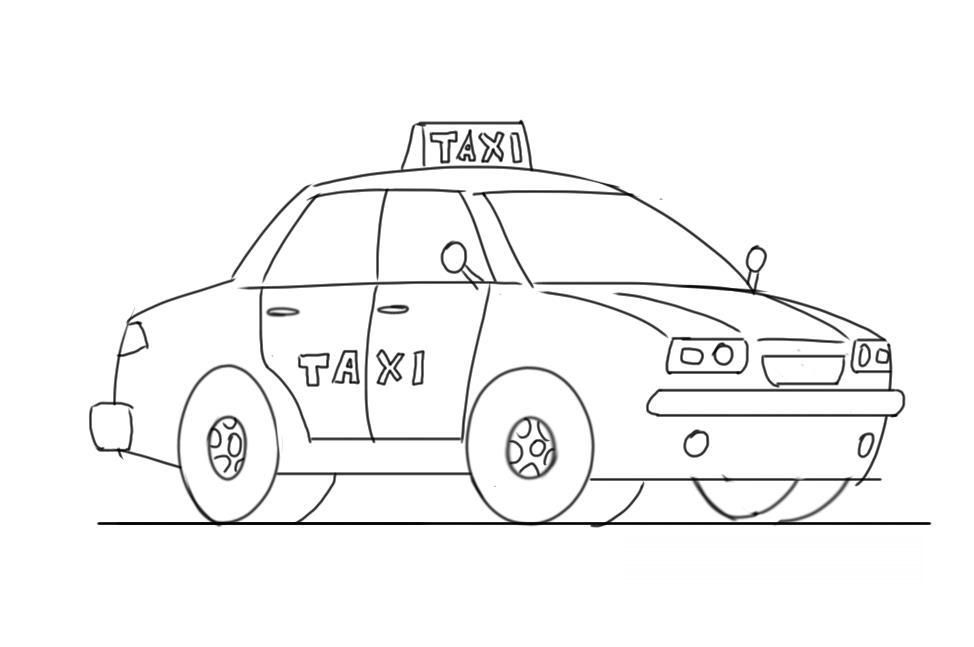 Coloriage d'un taxi dans la rue avec un décor urbain