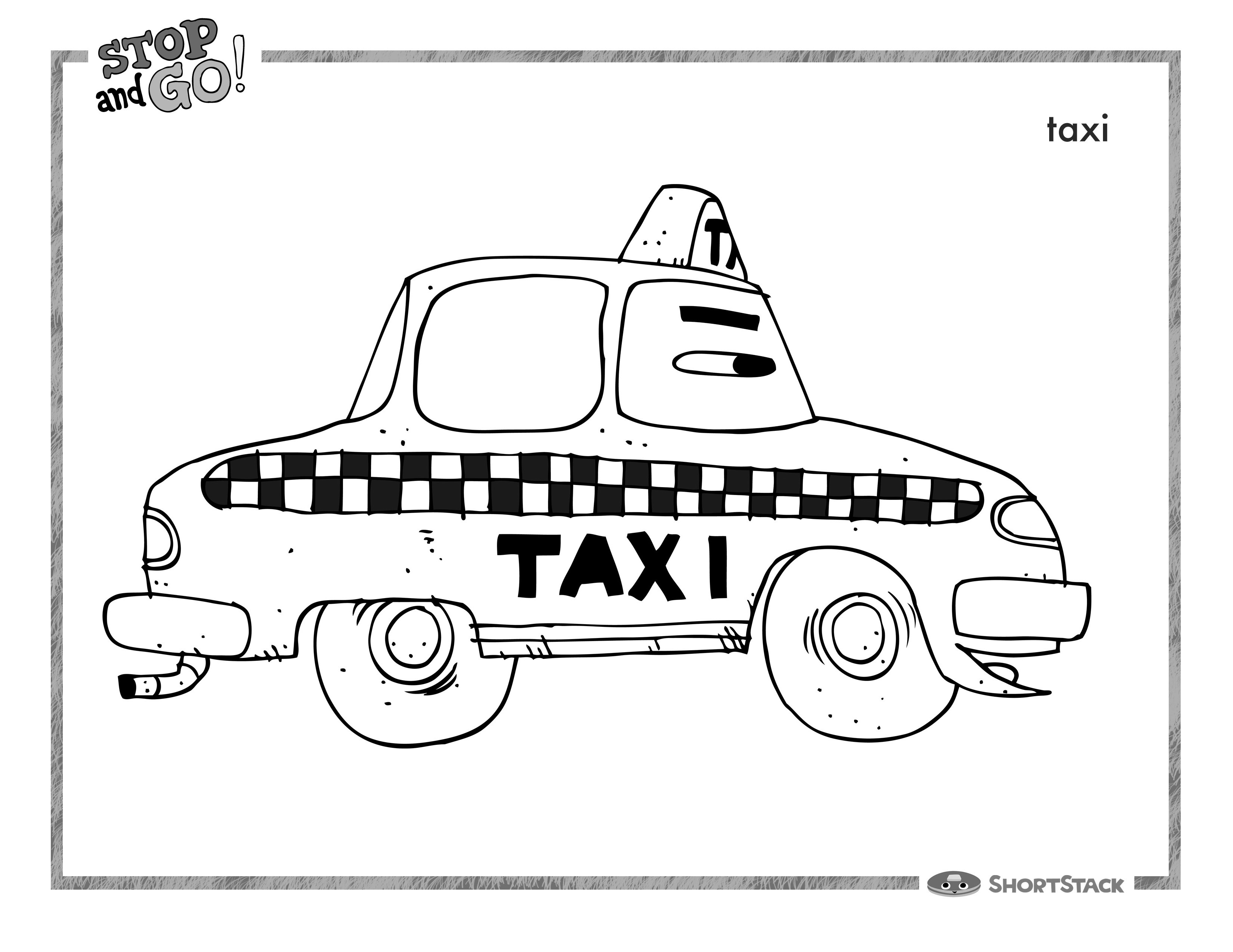 Coloriage d'un taxi jaune circulant en ville avec des bâtiments en arrière-plan