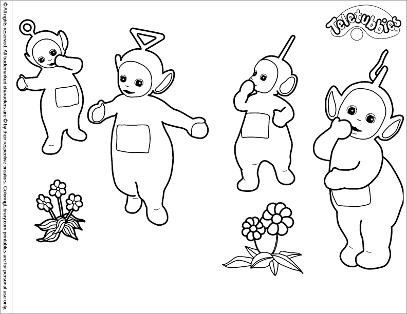 Coloriage des Teletubbies jouant dans un paysage ensoleillé