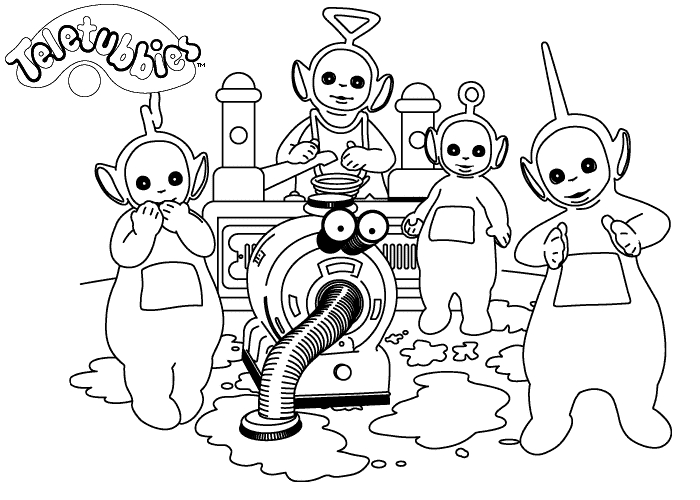 Les Teletubbies jouant ensemble dans un paysage ensoleillé
