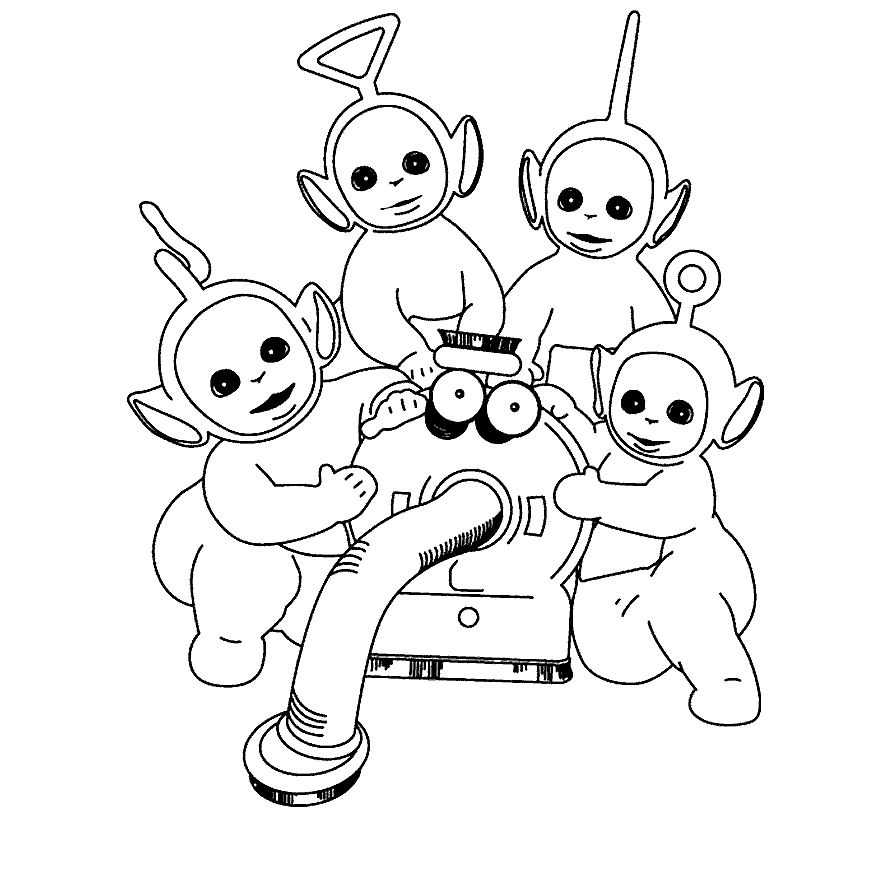 Les Teletubbies jouant dans un paysage ensoleillé