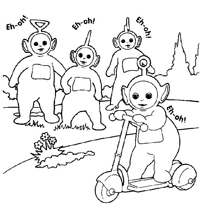Les Teletubbies se rassemblent pour jouer dans un paysage ensoleillé