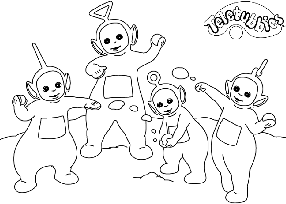 Les Teletubbies jouant dans un paysage joyeux