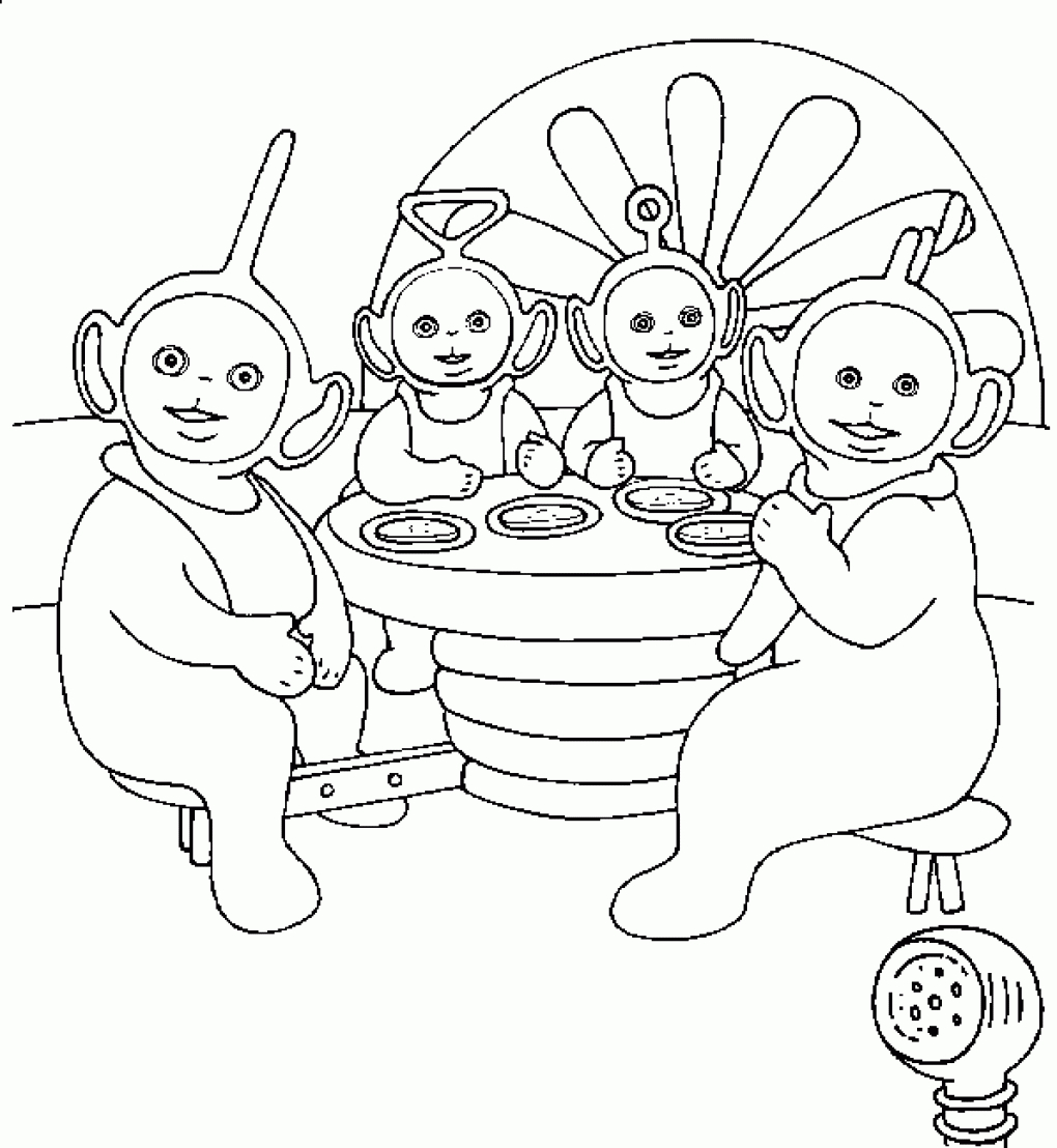 Les Teletubbies jouant dans un paysage joyeux