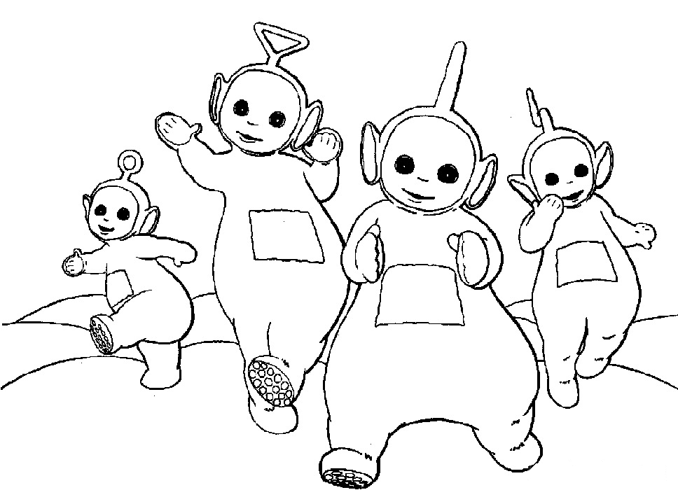 Les Teletubbies jouant dans un paysage ensoleillé