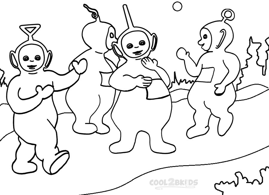 Coloriage des Teletubbies en train de s'amuser dans leur paysage