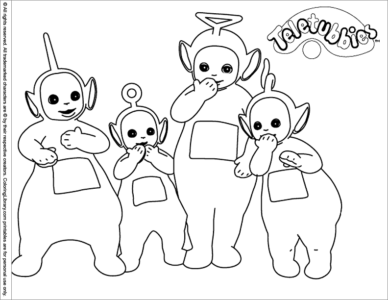 Coloriage des Teletubbies jouant dans un paysage ensoleillé