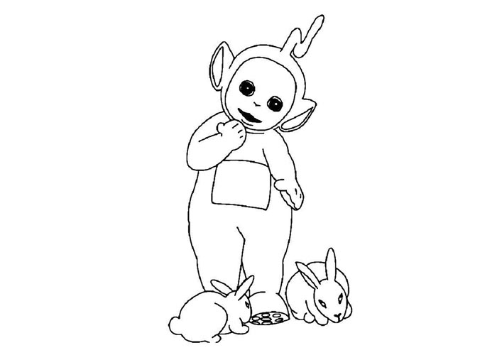 Coloriage des Teletubbies jouant dans un paysage ensoleillé