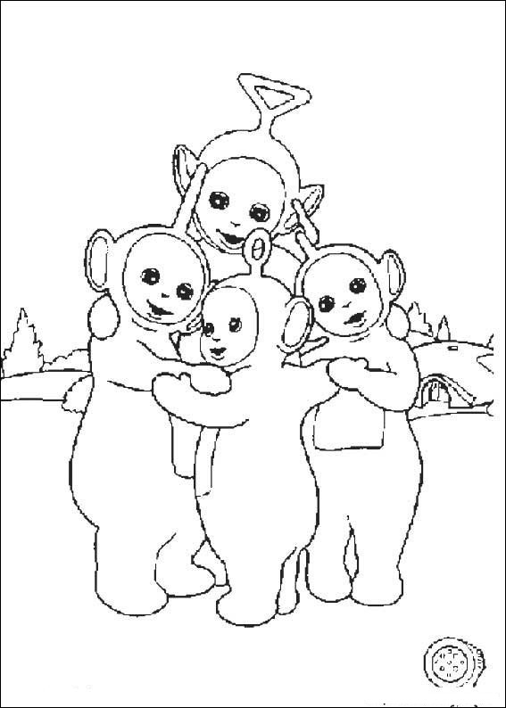 Coloriage des Teletubbies jouant dans un champ ensoleillé