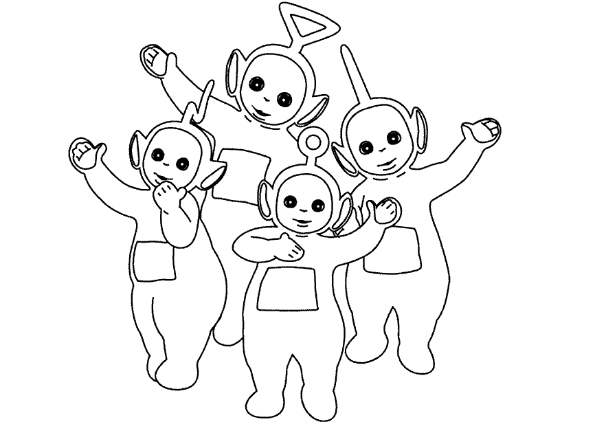 Coloriage des Teletubbies jouant dans un champ verdoyant