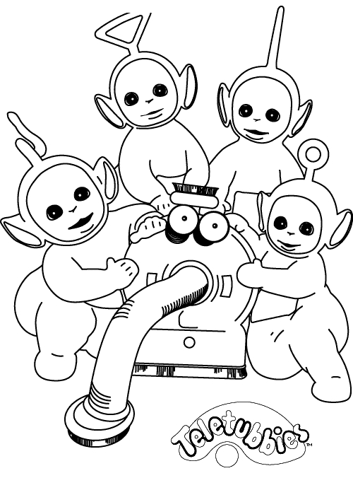 Les Teletubbies s'amusent dans un paysage verdoyant