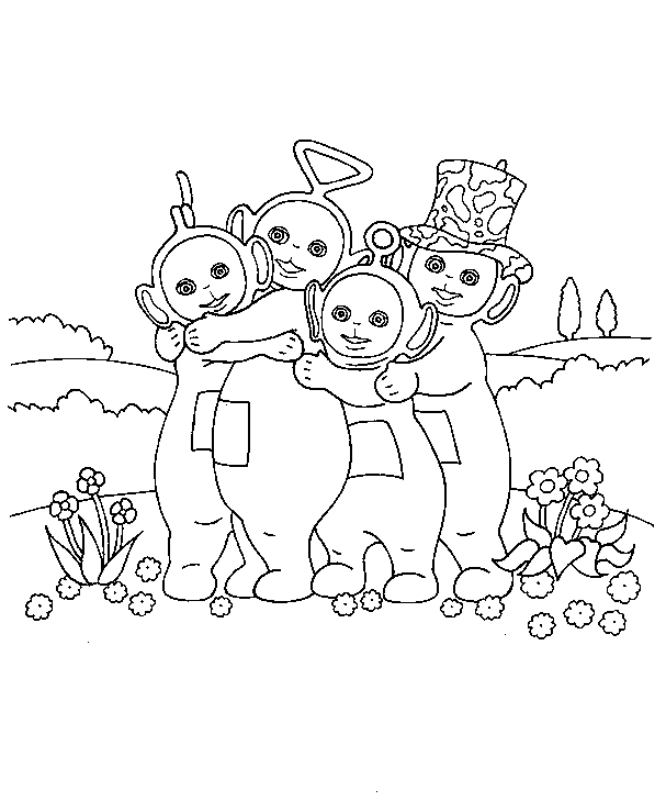 Les Teletubbies jouant dans un paysage verdoyant