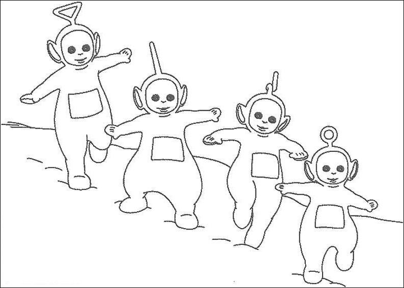 Les Teletubbies s'amusent dans un paysage verdoyant