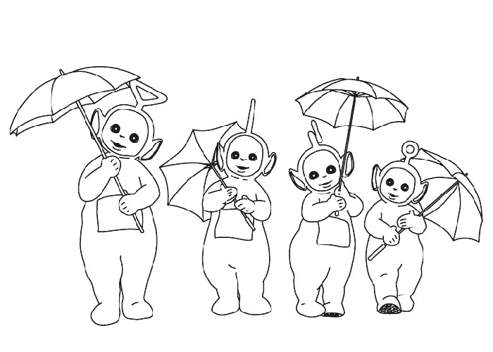 Les Teletubbies s'amusent dans un paysage ensoleillé