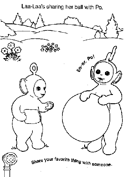 Coloriage des Teletubbies jouant dans un champ ensoleillé