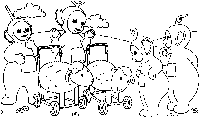 Les Teletubbies s'amusent dans un paysage ensoleillé