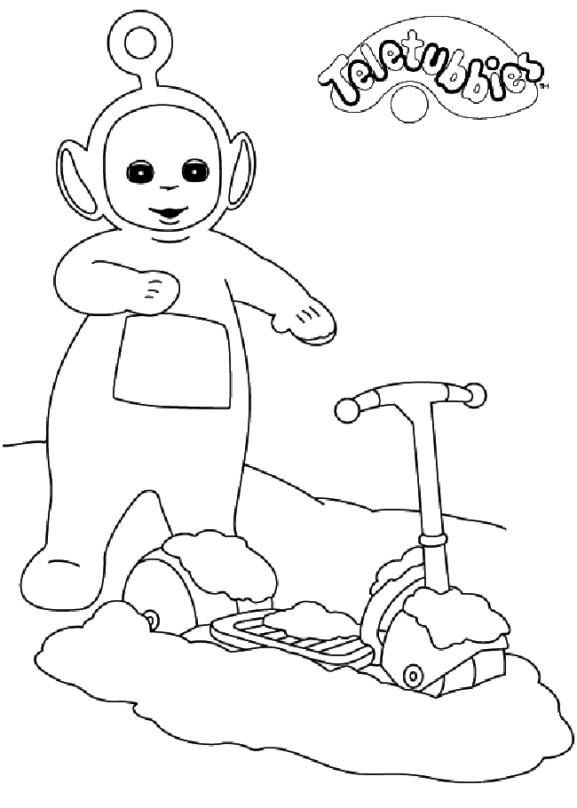 Coloriage des Teletubbies jouant dans un paysage verdoyant